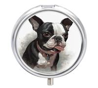 Boston Terrier Pill Box 3 Compartment Travel Pill Organizer with Small Mirror Portable Pillcase for Pocket & Purse Cute Round Medicine Case Weekly Medicine Container