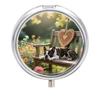 Boston Terrier Pill Case with Mirror Retro 3 Compartment Small Pill Organizer Metal Round Pill Box Or Vitamins Fish Oil Supplements Pill Container Travel for Purse Pocket