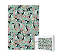 Boston Terrier With Flowers,300 Pieces Wooden Jigsaw Family Game Jigsaw Puzzles for Adults Teens