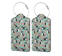 Boston Terrier with Flowers,Luggage Tags Pu Leather Name Tag Travel Suitcase Identifier ID Tags Durable Luggage Label 2 pcs