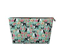 Boston Terrier with Flowers, Makeup Bag Cosmetic Bag Portable Travel Toiletry Bag Pencil Case Toiletry Pouch