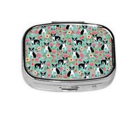 Boston Terrier with Flowers,Meta Pill Box 2 Compartment Medicine Case,Portable Organizer,Rectangle Meta Portable Organizer Pill Box 694 Compartment Medicine Case