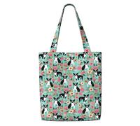 Boston Terrier With Flowers,Reusable Grocery Bags Shopping Tote Bags Large Capacity Canvas Shoulder bag