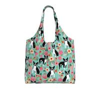 Boston Terrier With Flowers,Reusable Tote Bags Grocery Bags Large Capacity Canvas Shopping Shoulder bag