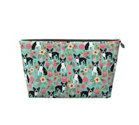 Boston Terrier with Flowers, Toiletry Pouch Makeup Bag Cosmetic Bag Portable Travel Toiletry Bag