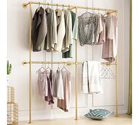 BOSURU Industrial Pipe Clothing Rack Wall Mounted,Clothes Racks with Double Hanging Rods for Closet Storage(Gold)