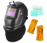 BOSYTRO Welding Mask with Light, Auto Darkening Solar Powered Welder Helmet with 2 Replacement Lens + Welding Gloves+ Welding Gloves+Genuine Leather Neck Protector, Adjustable Shade 9-13 for TIG MIG
