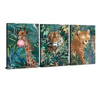 Botanical Animal Wall Art Abstract Boho Pictures Wall Decor Teal Leaf Jungle Tiger Framed Canvas Prints Adventure Cheetah Giraffe Painting for Living Room Bedroom Bathroom Home Decorations 12x16 3pcs