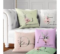 Botanical Blush Personalised Cushion - Add Initial & Name - Custom Background Colour - Elegant Floral Design - Multiple Sizes & Fabrics - Cover or Filled Option - Gift for Her or Home Décor