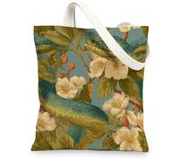 Botanical Canvas Tote Bag, Vintage Reusable Grocery Bags, Leafy Lightweight Green Shoulder Strap Bags 13x15 Inch