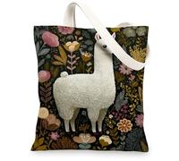 Botanical Canvas Tote Bags, Cute Llama Print Reusable Grocery Bags, Lightweight Washable Shoulder Strap Canvas Bags for Gym Outdoor Travel Beach Picnic 13x15 Inch