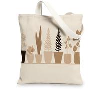 Botanical Canvas Tote Bags, Eco-Friendly Plant Design Reusable Shopping Bags, Modern Minimalistic Lightweight Washable Shou, Beige, 13x15 Inch