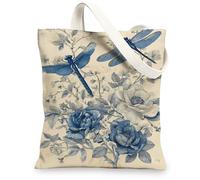 Botanical Canvas Tote Bags, Elegant Floral Design Reusable Insect Shopping Bags, Vintage Artistic Lightweight Washable Shou, blue, 13x15 Inch