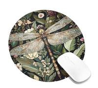 Botanical Dragonfly Mouse Pad, Elegant Green Nature Design, Floral Pattern Non-Slip Gaming Mousepad for Home and Office Use Round 8x8 Inch