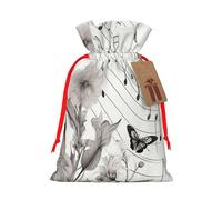 Botanical Flying Music Notes Printed Christmas Drawstring Bags Reusable Bag for Christmas Party Xmas Gift Wrapping, Red Ribbon, M
