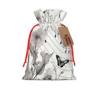 Botanical Flying Music Notes Printed Christmas Drawstring Bags Reusable Bag for Party Xmas Gift Wrapping, Red Ribbon, S
