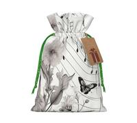 Botanical Flying Music Notes Printed Christmas Drawstring Bags Reusable Bag for Party Xmas Gift Wrapping, Green Christmas Ribbon, M