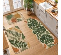 Botanical Leaf Rug Set Monstera Leaves Bohemian Kitchen Rugs Sets of 3 | Botanical Leaf Prints, Kitchen Mats For Floor, Earthy Color Palette, Modern Organic Style, Kitchen Floor Runners