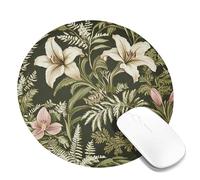 Botanical Lily Floral Desk Mouse Pad, Green Cream Tropical Flowers Stitched Edge Mousepad, Rubber Non-Slip Washable Gaming Mouse Pad for Work and Home Computer, Laptop Round 8x8 Inch
