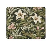 Botanical Lily Floral Desk Mouse Pad, Green Cream Tropical Flowers Stitched Edge Mousepad, Rubber Non-Slip Washable Gaming Mouse Pad for Work and Home Computer, Laptop Square 8x10 Inch
