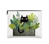 Botanical Makeup Bag, Cat and Green Plants Cute Cosmetic Travel Pouch for Women, Compact Zipper Organizer, Perfect Choice for Nature Lovers, Spring and Summer Design, black, 7x9 Inch, Cat