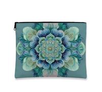 Botanical Makeup Bag, Teal Flower Mandala Design Cosmetic Travel Pouch for Women, Portable Small Canvas Zipper Organizer, Perfect Choice for Spring & Summer Festivals, Teal, 7x9 Inch, Flower