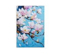 Botanical Nature Wall Art, Blue Magnolia Blossom Canvas Print Hanging Paintings Poster Impressionist Original Artwork, Elegant Decor for Home Living Room Bedroo 20x30inch(50x75cm)