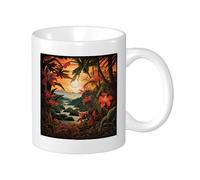 Botanical Pack Of 1 Printing Mug Landscape Tree Mountain Lake Sunset Plant Flower Artistic Nature orange green Ceramic Reusable Decorative Kitchen School Office Pantry With Handles Tea Cups 11 Ounce