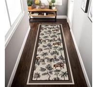 Botanical Runner Rug, 60x180cm, Retro Tropical Plants Wild Animals Lion Style Vintage Distressed Carpet Runners, Lightweight Stain Resistant Easy Care Bohemian Rugs for Home Office Kitchen