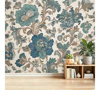 Botanical Scroll Elegant Florals Vintage Non-Woven Wall Mural for Bedroom Bedside Dining Room and Hallway Accent Wall, 350 x 256 cm Unpasted 3D Effect Large Photo Wallpaper Poster, Teal Brown