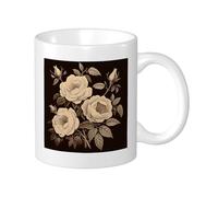 Botanical Set Of 1 Printing Mug Floral Leaves Black Background Beautiful Plant Artistic Retro light yellow Ceramic Tea Steeping Light Weight Pantry Apaartment Bedroom Flat Bottom Coffee Mug 11 Ounce