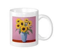 Botanical Set Of 1 Printing Mug Oil Painting vase Sunflower Plant Floral Leaves Pretty Artistic pink yellow green Ceramic Unspillable Light Weight Pantry Apaartment Bedroom Flat Bottom Cup 11 Ounce
