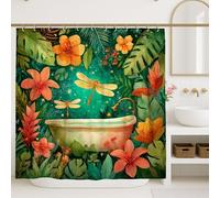 Botanical Shower Curtain, Watercolor Green and Orange Floral Bathroom Decor, Summer Tropical Modern Vintage Nature Inspired Waterproof Fabric Shower Curtain with Hooks 72x72 Inch