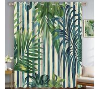 Botanical Stripes Blackout Curtains Bedroom, Emerald Green Tropical Aesthetics 3D Print Pattern Eyelet Thermal Insulated Blackout Curtains For Kids Boys Girls Playroom 2 X W34 Xl45 Cm