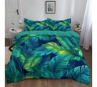 Botanical Style Banana Leaf Pattern Reversible Design Quilt Cover Set Double, Ultrasoft Hypoallergenic Bed Linen with 2 Pillowcases 50x75cm for Bedroom, Teal