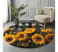 Botanical Sunflower Design Round Rugs Ø200Cm Living Room Non Slip Round Area Rug Short Pile Black And White Plaid Pattern Bedroom Circle Carpet Washable Soft Floor Mat Rugs For Kids Room Decor,Yellow