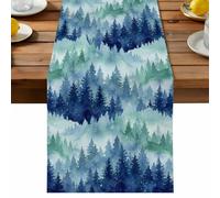 Botanical Table Runner, Spring Watercolor Blue Trees Mystic Romantic Forest Cotton and Table Linen Runner for Kitchen Dining Home Decor for Party Festival Holiday Decoration Gift 13x48in
