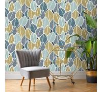 Botanical Teal Blue Ochre Leaves Rasch Paste The Wall Non woven Wallpaper