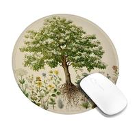 Botanical Tree Design Mouse Pad, Green Nature Illustration Stitched Edge Mousepad, Rubber Non-Slip Washable Mouse Pad for Home and Office Computer, Laptop Round
