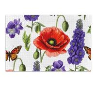Botanical Wildflowers Red Poppies Jigsaw Puzzles for Adults 500 Pieces Funny Puzzle Game Gifts Fun Art Puzzle Animal Art Painting, 20.5x14.9 Inch