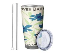 botanical with lid and straw aesthetic cute floral graffiti leaves abstract art blue green metal stainless hot cold no spill outdoor club