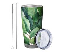 Botanical with lid and straw tumbler Beautiful Modern Watercolor Leaves Botany Plant Cottage Farmhouse green Stainless Metal Hot And Cold No Spill Office Outdoor Dorm Coffee drinking cup 20 Ounce