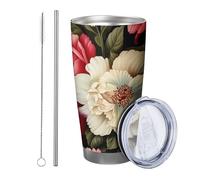 Botanical with lid and straw tumbler Cottage Beautiful Artistic Flower Rustic Plant Leaves pink light yellow Insulated Metal Can Cooler No Spill School college nursery Stemless Double Wall 20 Ounce