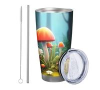 Botanical with lid and straw tumbler Cute Mushroom Flower Woodland Leaves Forest Plant Nature green yellow Insulated Metal Can Cooler No Spill School college nursery Stemless Double Wall 20 Ounce