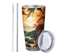 Botanical with lid and straw tumbler Landscape Tree Mountain Lake Sunset Plant Flower Artistic Nature orange green Stainless Metal Hot And Cold Office Outdoor Club Dorm Coffee drinking cup 20 Ounce