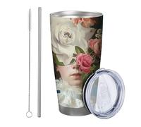 Botanical with lid tumbler Set Of 1 Beautiful Girl Blooming Floral Plant Skirt Aesthetic Funny blue green pink Insulated Can Cooler No Spill Office Outdoor Club Dorm with straw Cold Drinks 20 Ounce