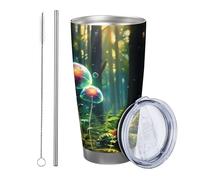 Botanical with lid Tumbler Set of 2 Landscape Forest Nature Beautiful Glow Mushroom Leaves Plant Green Stainless Metal Hot and Cold No Spill Office Outdoor Club Dorm Coffee Drinking Cup 20 Ounce
