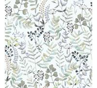 Botanique Wallpaper Green White Flowers Leaves Natural Botanical 10m Roll | With lovely floral detail, ideal for a modern feature wall in a bedroom, dining room or living room, 26.5cm offset match