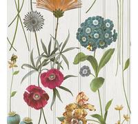 Botanist Floral Flower Themed Wallpaper on Wood Panel Effect Background Perfect for Dining Rooms, Bedrooms, Cottage Style White Belgravia 4770