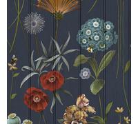 Botanist Floral Flower Themed Wallpaper on Wood Panel Effect Background Perfect for Dining Rooms, Bedrooms, Cottage Style Blue Belgravia 4771